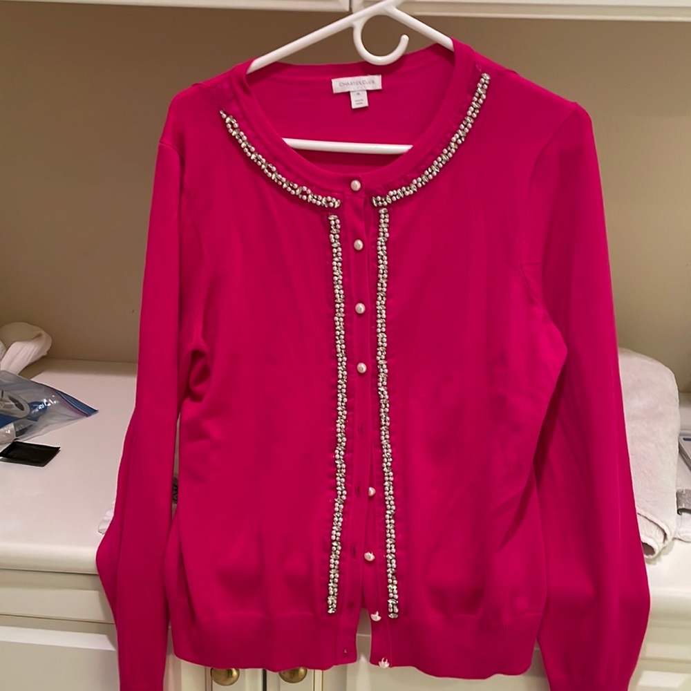 Dressy cardigan fuchsia sweater with glittery trim